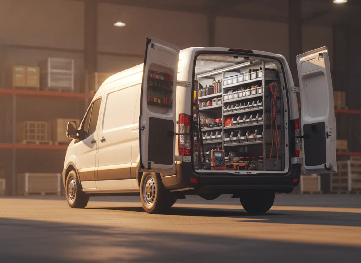 A Motive Energy service van at a warehouse loading dock at golden hour