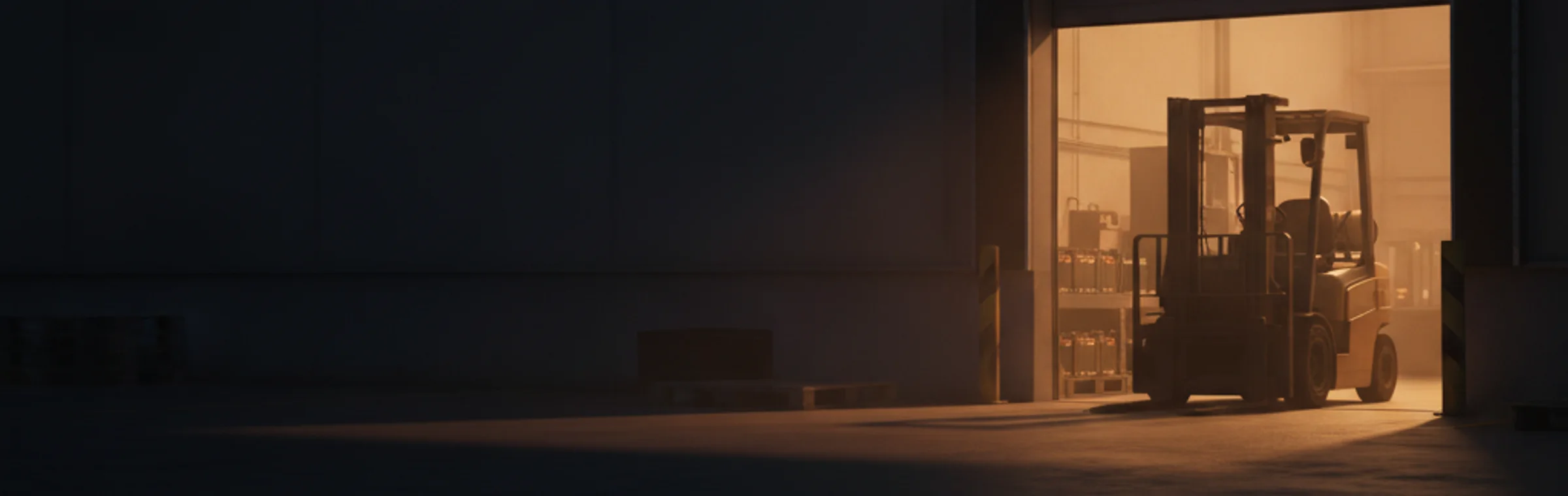 A warehouse loading dock at dusk with warm light spilling out