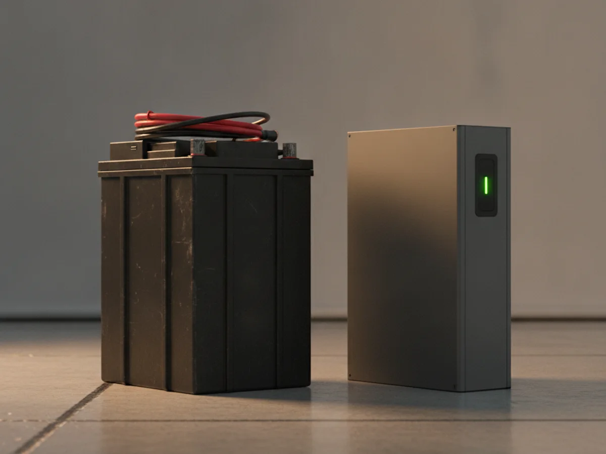 A traditional lead-acid battery beside a modern lithium-ion module