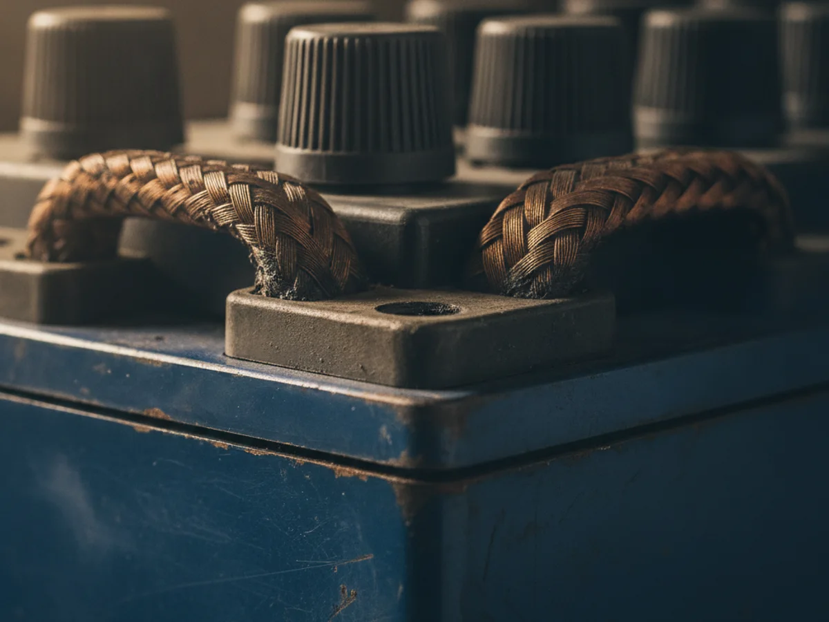 Close-up of an industrial lead-acid forklift traction battery