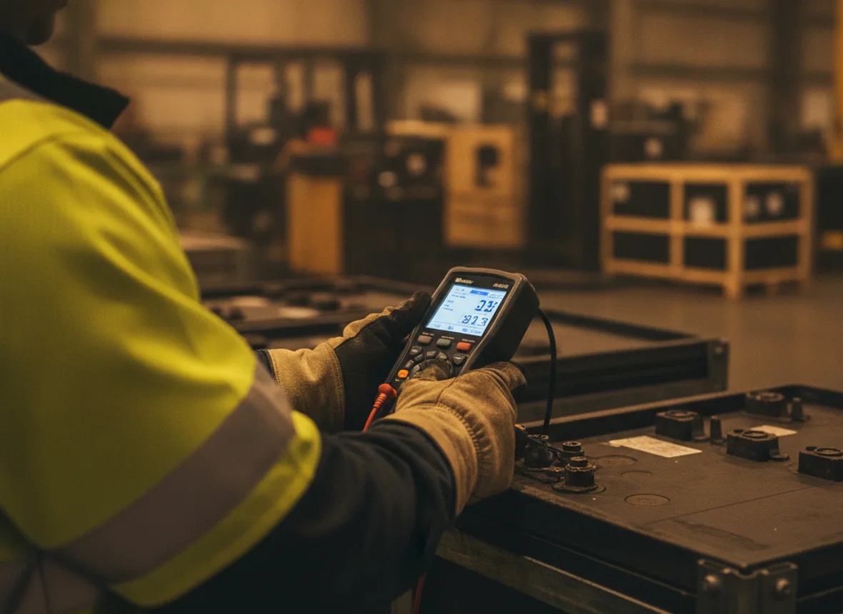 Technician using a battery analyzer on a forklift battery